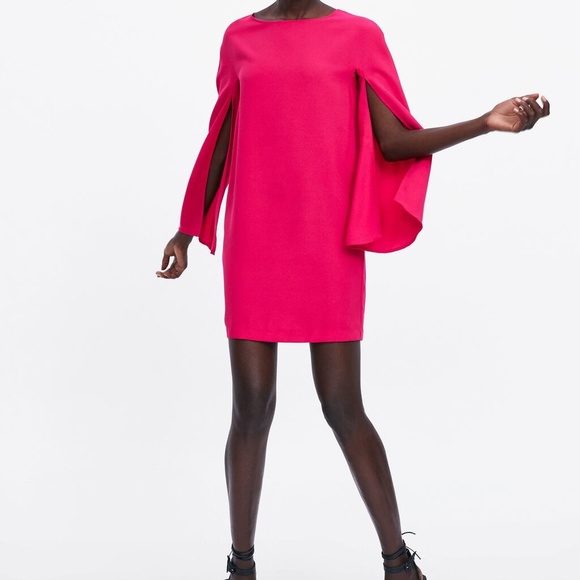 Zara Cape Sleeve Dress Barbie Pink Size XS NWT - Picture 2 of 7